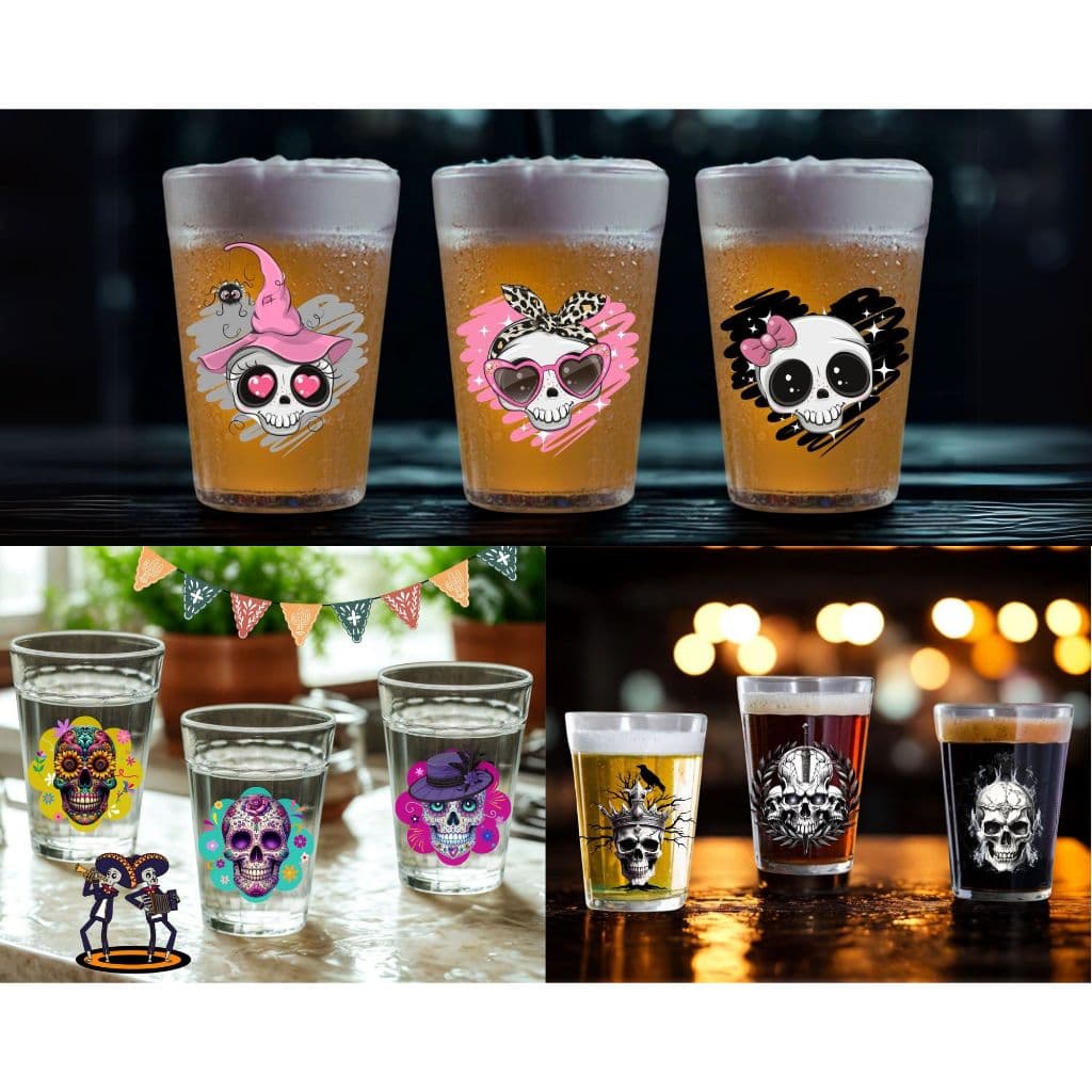3 Copos Americanos Vidro Personalizados Temático Caveiras Mexicanas, Fofas Delicadas, Terror Estampa
