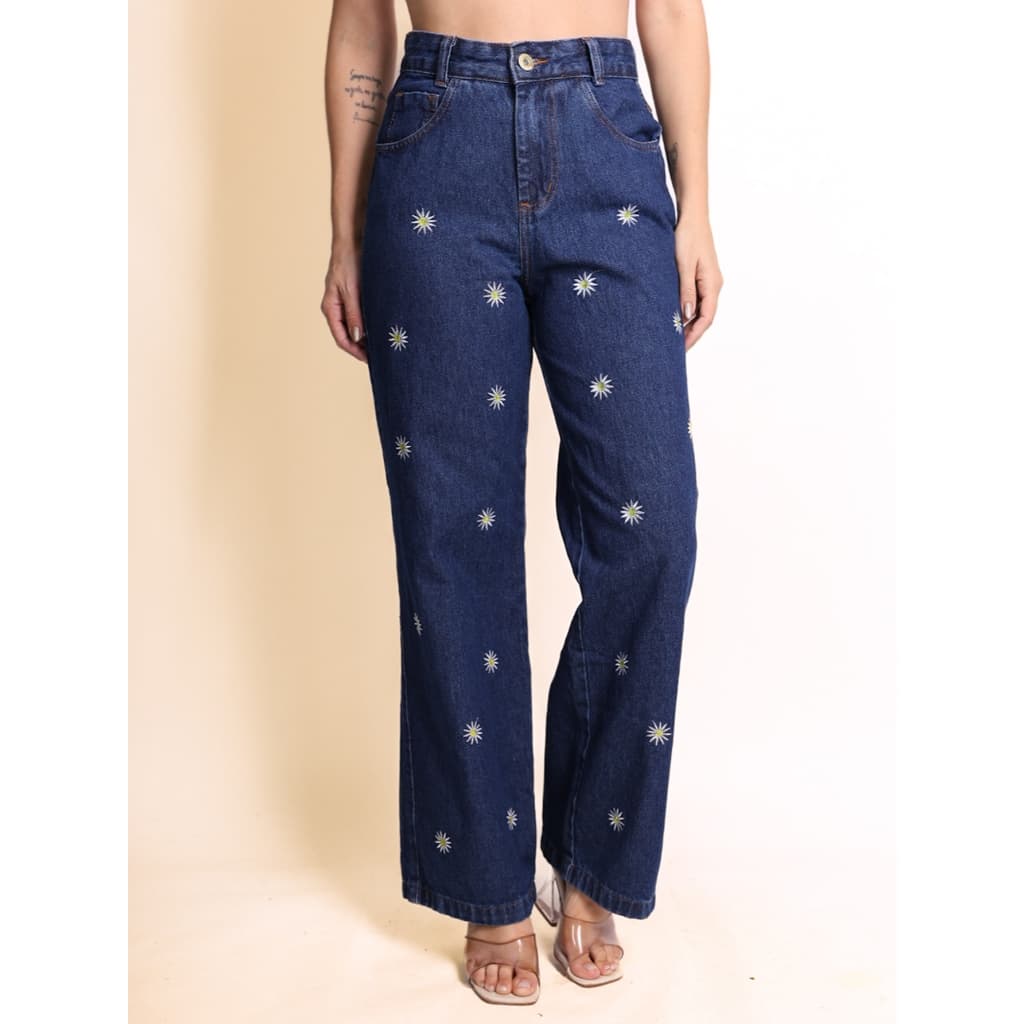 Calça jeans wide leg bordado com florzinha feminino novo 2025