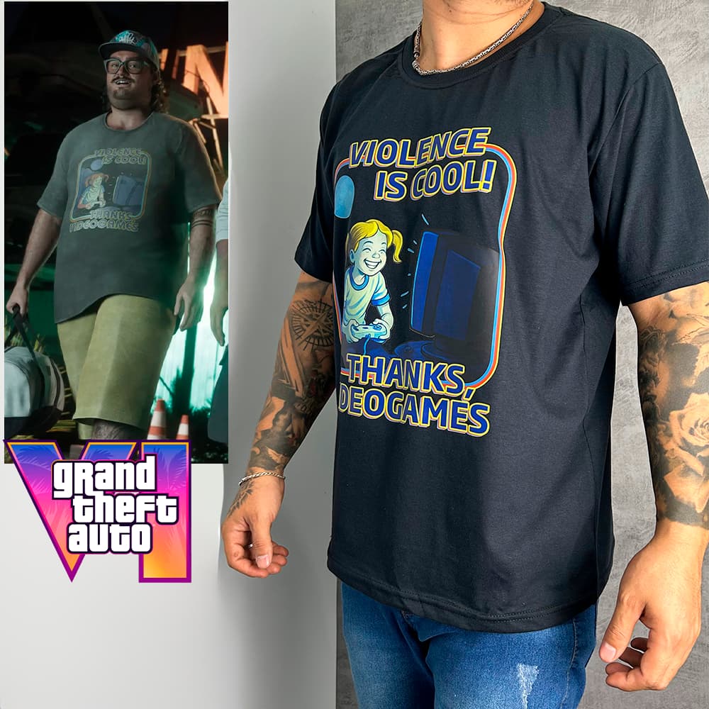 Camiseta Básica ou Oversized  Arte Exclusiva GTA 6 Cal Hampton Violence Is Cool Moda Game Unissex