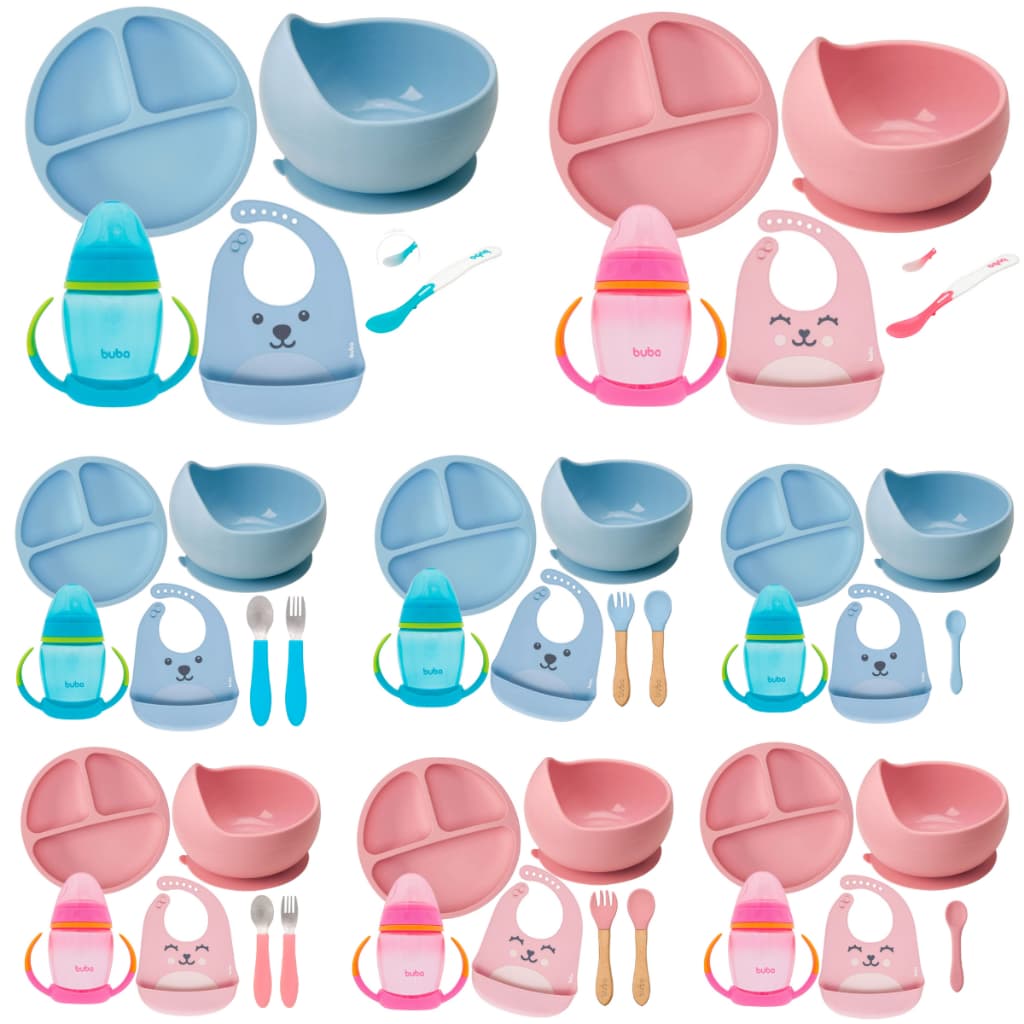 Kit Introdução Alimentar Buba Prato Silicone Ventosa Prato Bowl Babador Copo Colher Termossensível