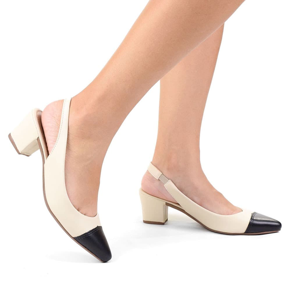 Scarpin Bico Fino Slingback Salto Bloco Quadrado Confort Bicolor Moda Novo
