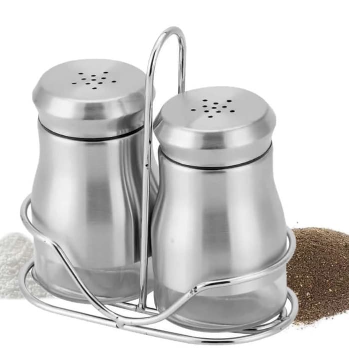 01 Porta Tempero Aço Inox Vidro 02 Peças Sal Pimenta Com Suporte Metal Pote 200Ml 9x6CM