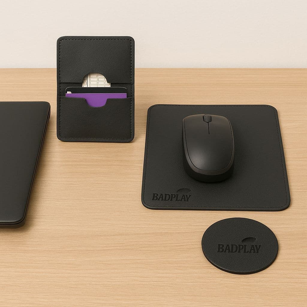 Kit Mouse Pad Couro Computador Desliza Fácil + Porta Cartões + Descanso Suporte para Copo Não Molha Mesa