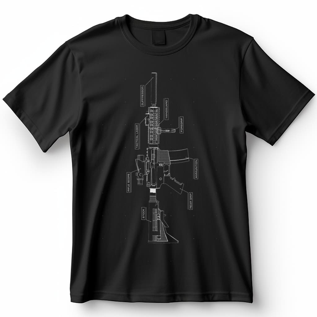 Camiseta Esquema de Arma Tática - Blusa Camisa 100% Algodão