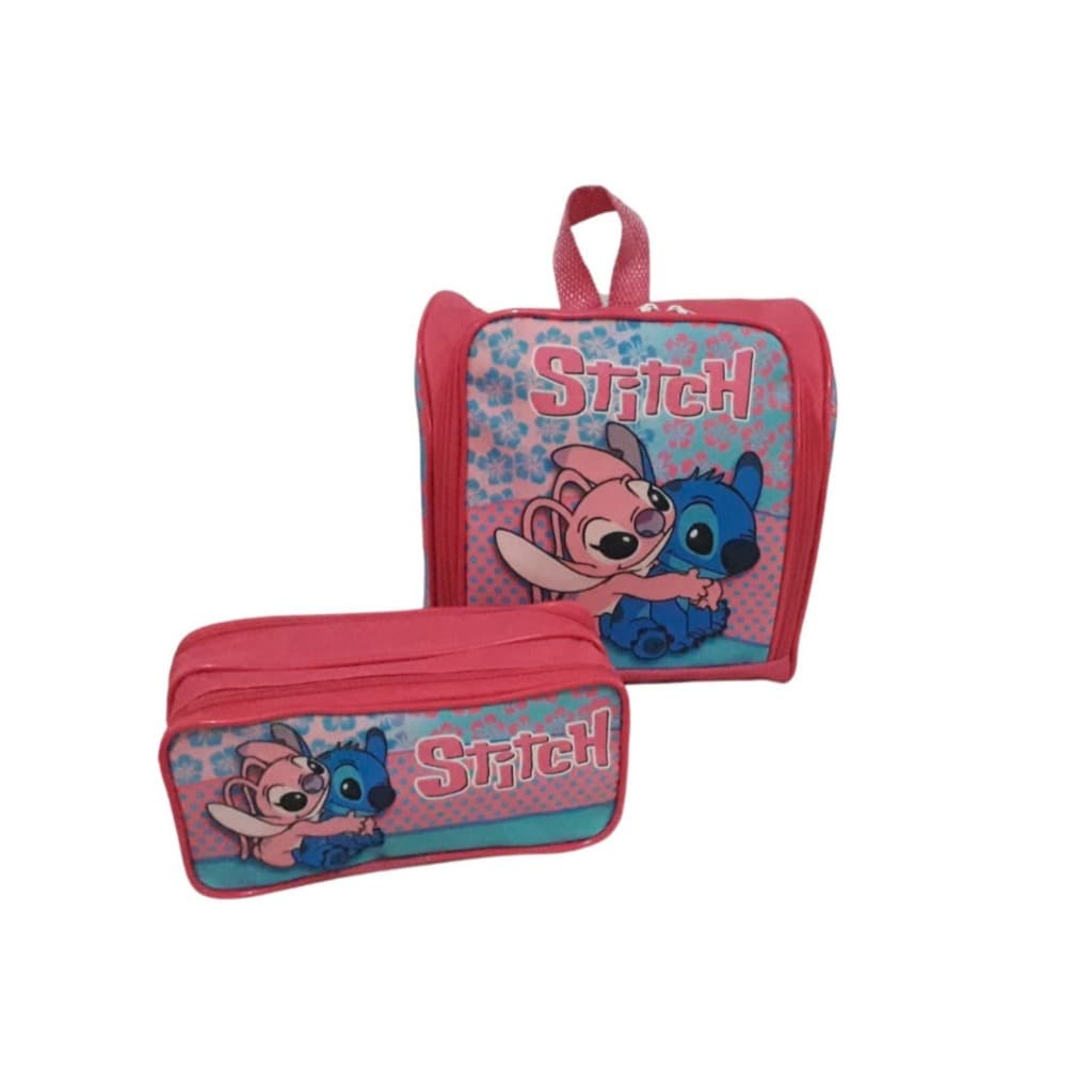 Kit 1 lancheira Térmica e 1 Estojo 2 Divisão Escolar Infantil Desenho Estampa Stitch Merendeira/Porta Lápis para Menina