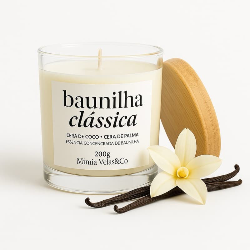 Vela Aromática Baunilha Perfumada Grande Cera de Coco 100% Vegetal 200g Com Tampa de Bambu Vanilla