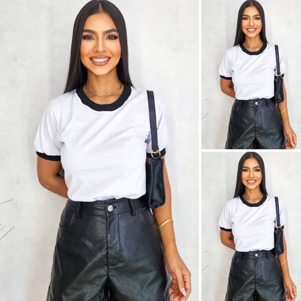 T-Shirt 100% Algodão Manga Curta Feminino Bicolor PROMOÇÃO