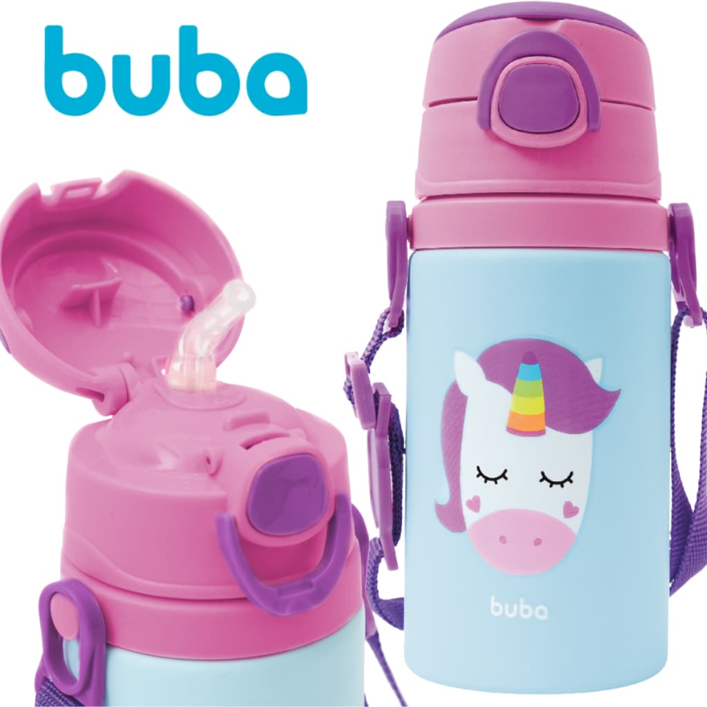 Garrafinha Infantil Buba Unicórnio 400ml Garrafa com Canudo de Silicone e Tampa com Trava