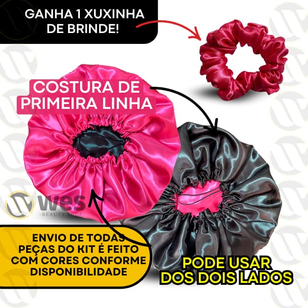 Kit 2 Touca de Cetim Dupla Face com Regulador + 1 Xuxinha (Cores Sortidas)