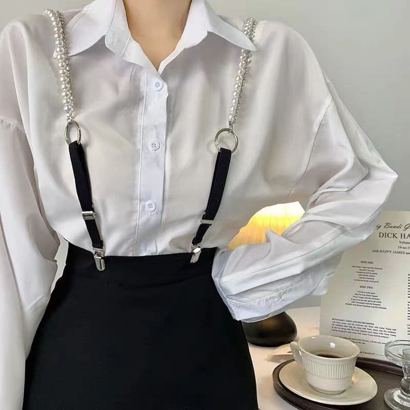 Suspensórios elásticos da moda com corrente de strass e decoração de pérolas 3 suspensórios de clipe