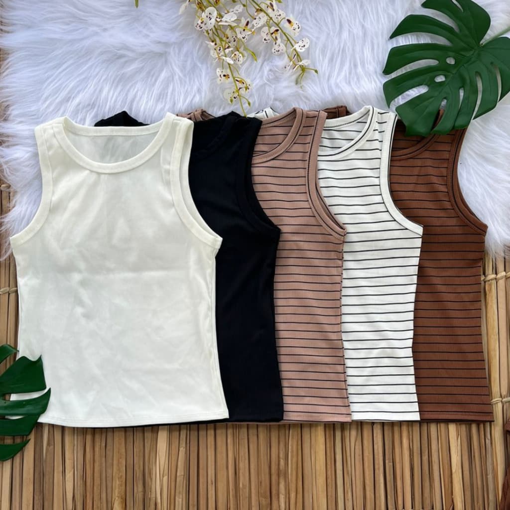 Kit 5 Regata Canelada Feminina Lisa e Listrada Blusa Básica Camiseta Casual