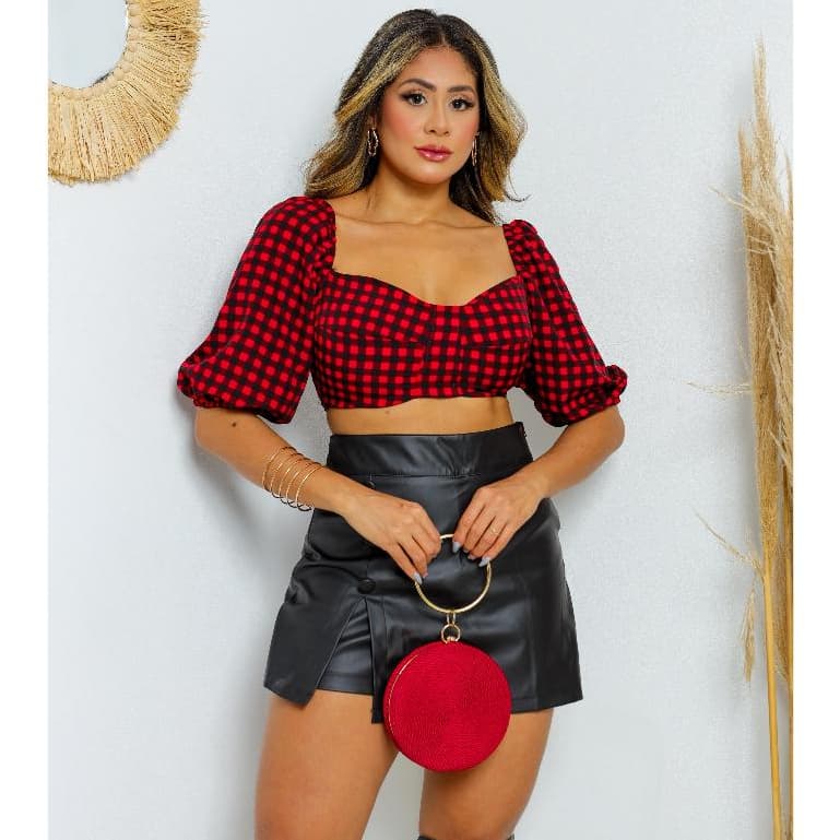 Cropped Feminino Xadrez Manga Bufante Decote Coraçao
