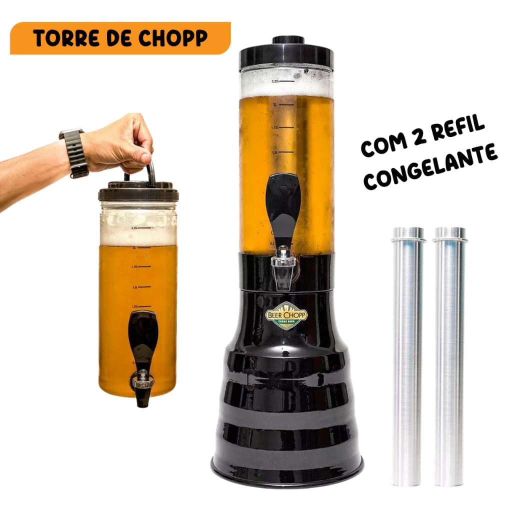 Torre de Chopp 2 Litros com Refil Gel Congelante Dispenser Festa Bar Churrasco Bebida Sempre Gelada