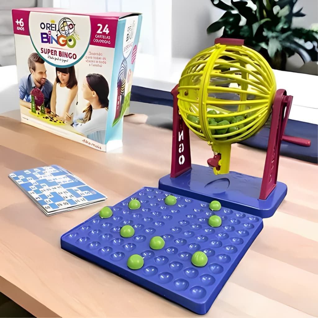 Jogo de Bingo Familiar 24 Cartelas Globo Giratório 90 Bolinhas Diversão em Família