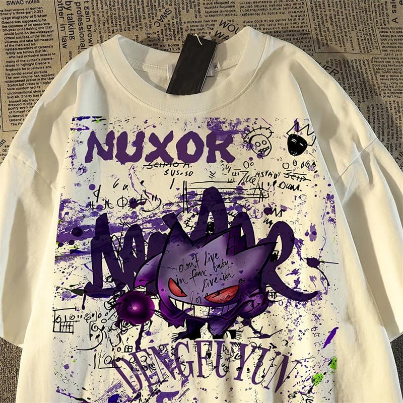 Camiseta Unissex Oversized Plus Size Feminina Masculina Branca Unissex  Estilo Urbano e Estampa de Gengar, Estilo Urbano