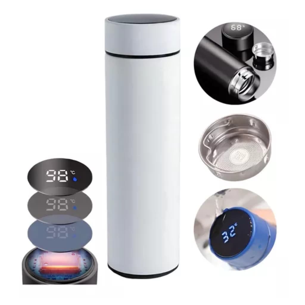 Garrafa Isotérmica em Aço Inox 500ml Com Led Branco Dourado Azul Termômetro Digital Academia Escola