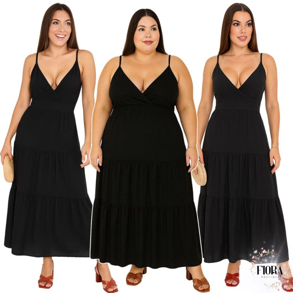Vestido Longo Feminino Adulto do 36 ao 54 Plus Size Duna Com Bojo Decotado Alça Ajustável PRETO