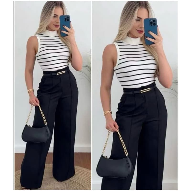 Calça Social Feminina Pantalona Alfaiataria Com Cinto