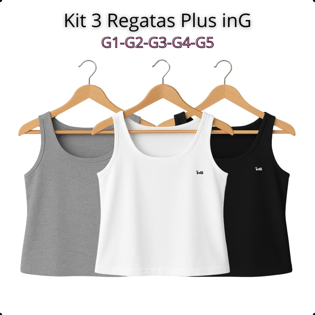 KIT 3 Regatas Plus Zise  Blusinha Feminina Lisa Básica Elegante Blogueira Tendencia G1,G2,G3,G4,G5