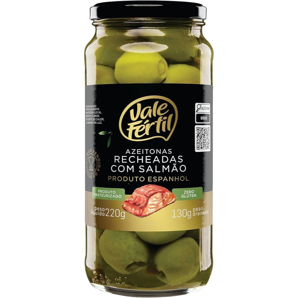 Azeitona Verde em Conserva Recheadas com  Salmão Vale Fértil Vidro 130g