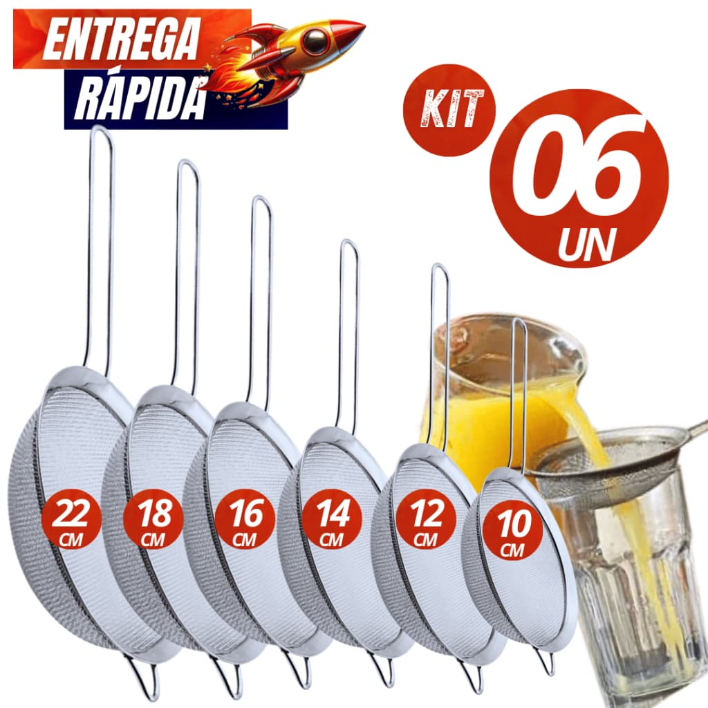 Kit 06/03  Peneira Peneiras Coador Manual Em Aço Inox 6 Tamanhos 10cm 12cm 14cm 16cm 18cm 22cm  Inox Resistente Durável