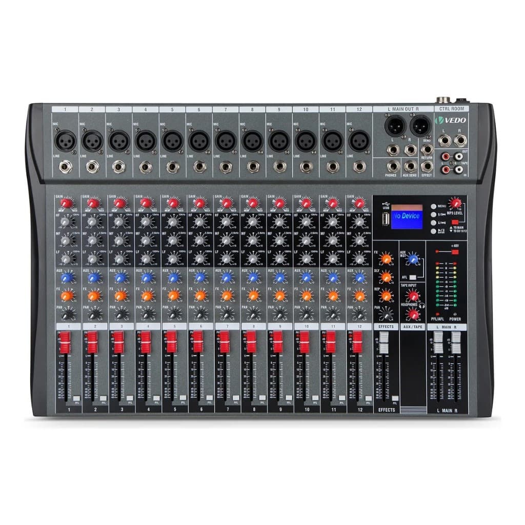 VEDO Misturador Mini Mixer De Áudio Portátil  12/8/7 Canais Mixer de placa de som com Bluetooth USB Música Podcast