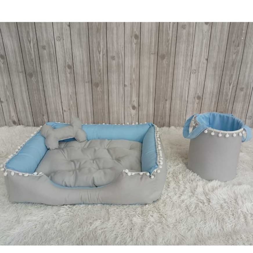 Cama Caminha Grey Blue Cesto Organiozador Pet Almofada Rosa Mini Almofada Pet Ossinho Cinza e Azul