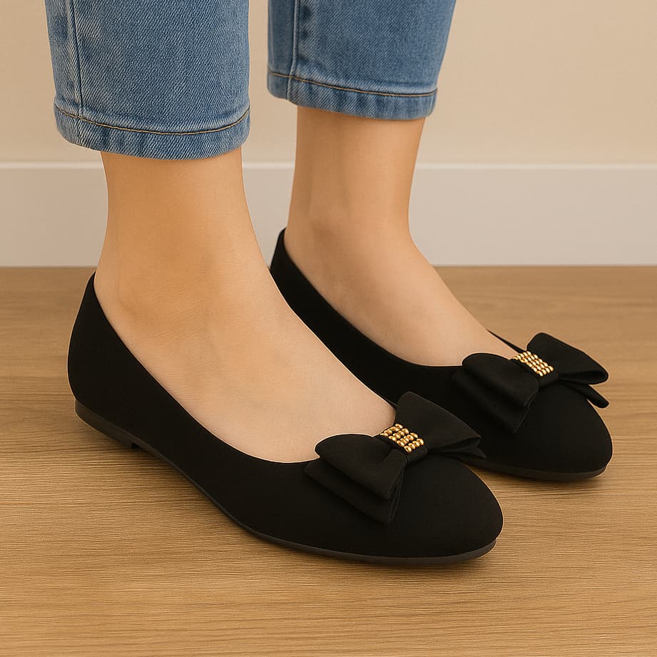 Sapatilha Preta Laço Strass Casual Moderna Confortável
