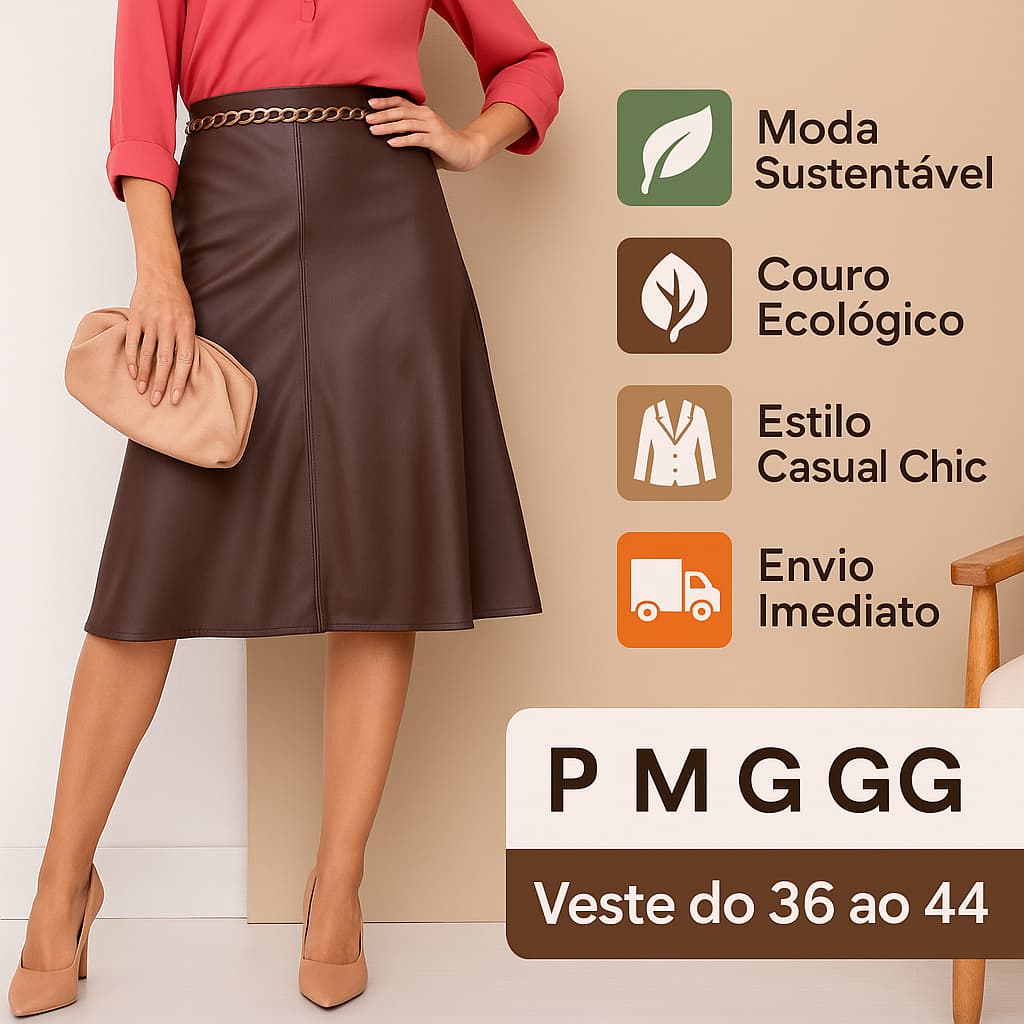Saia Couro Fake Feminina Midi Elegante Casual Chic Sustentável Moda Feminina Versátil