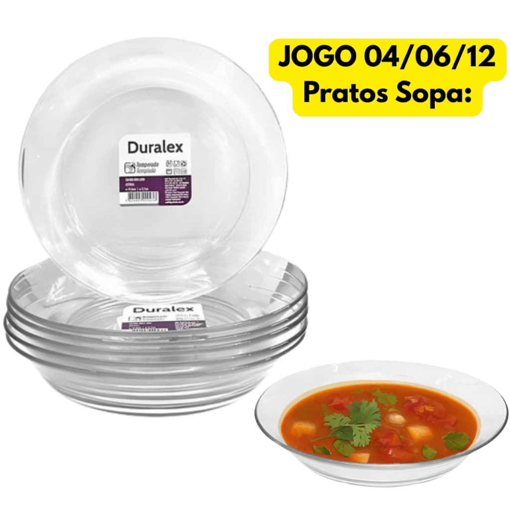 Jogo Kit 04/06/12 Pratos Astral Sopa Duralex Vidro Transparente Refeição Caldo Pequeno Buffet