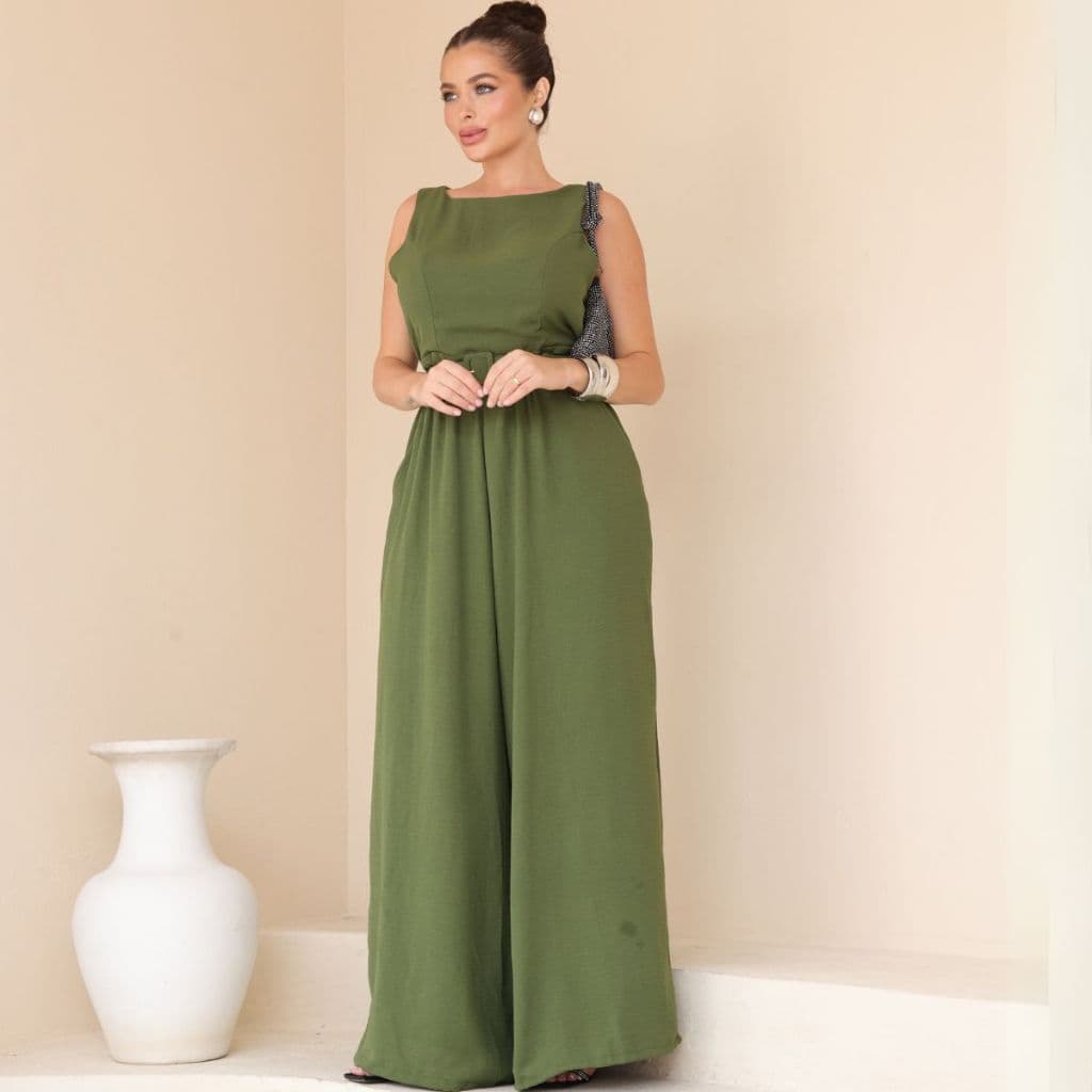 Macacão Feminino Pantalona Elegante Solto Confortável Cinto Ajustável