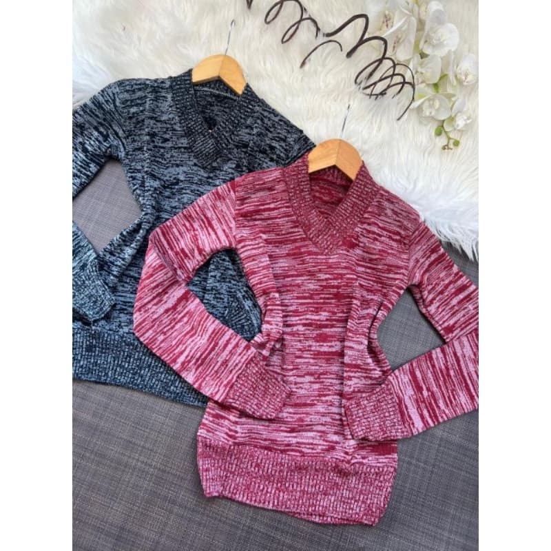 Kit 2 blusas Femininas Tricô de Frio Manga Longa Gola V Elastano.