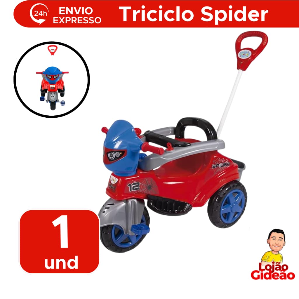 Triciclo Baby City Spider Carrinho De Passeio Infantil 2 Em 1 Para Crianças Com Haste Direcionável