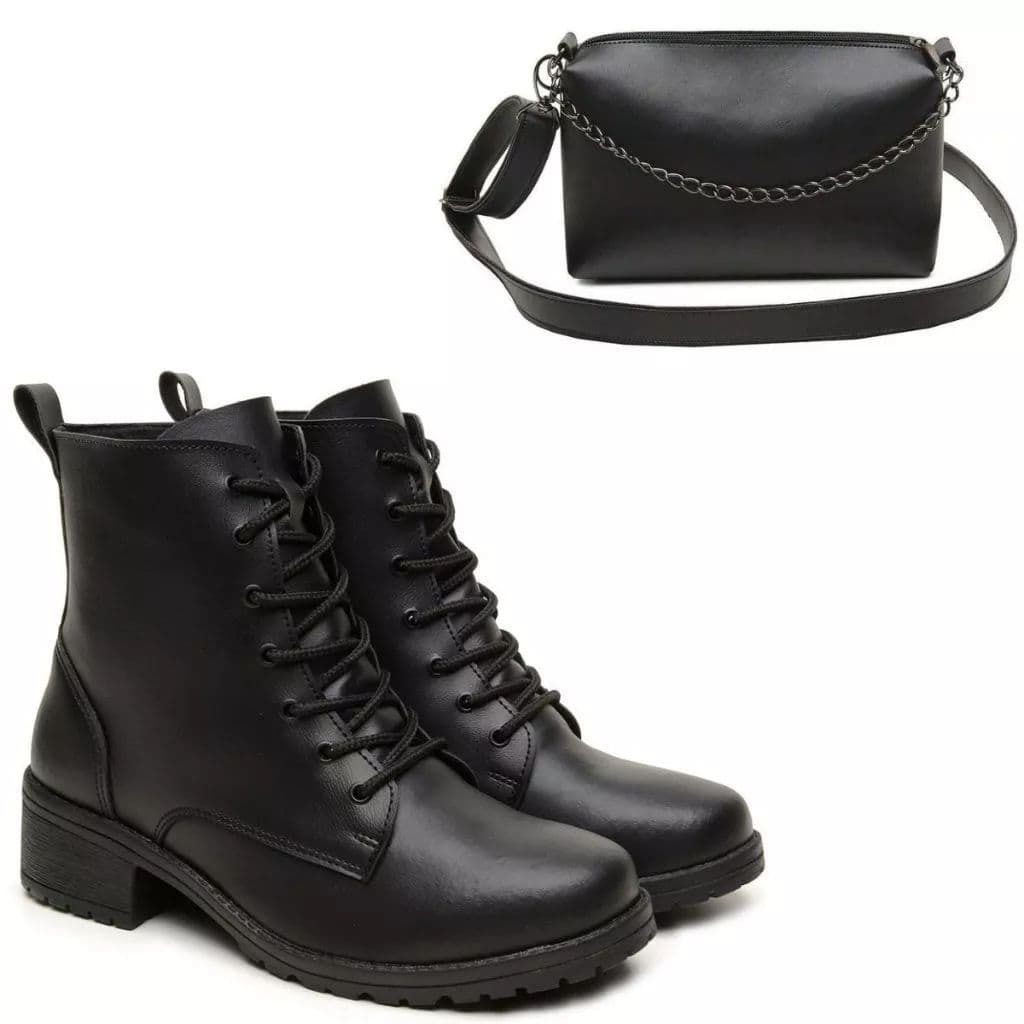 Bota Feminina de Couro Super Confortável Resistente Solado Macio Antiderrapante Coturno Cano Curto + Bolsa de Ombro