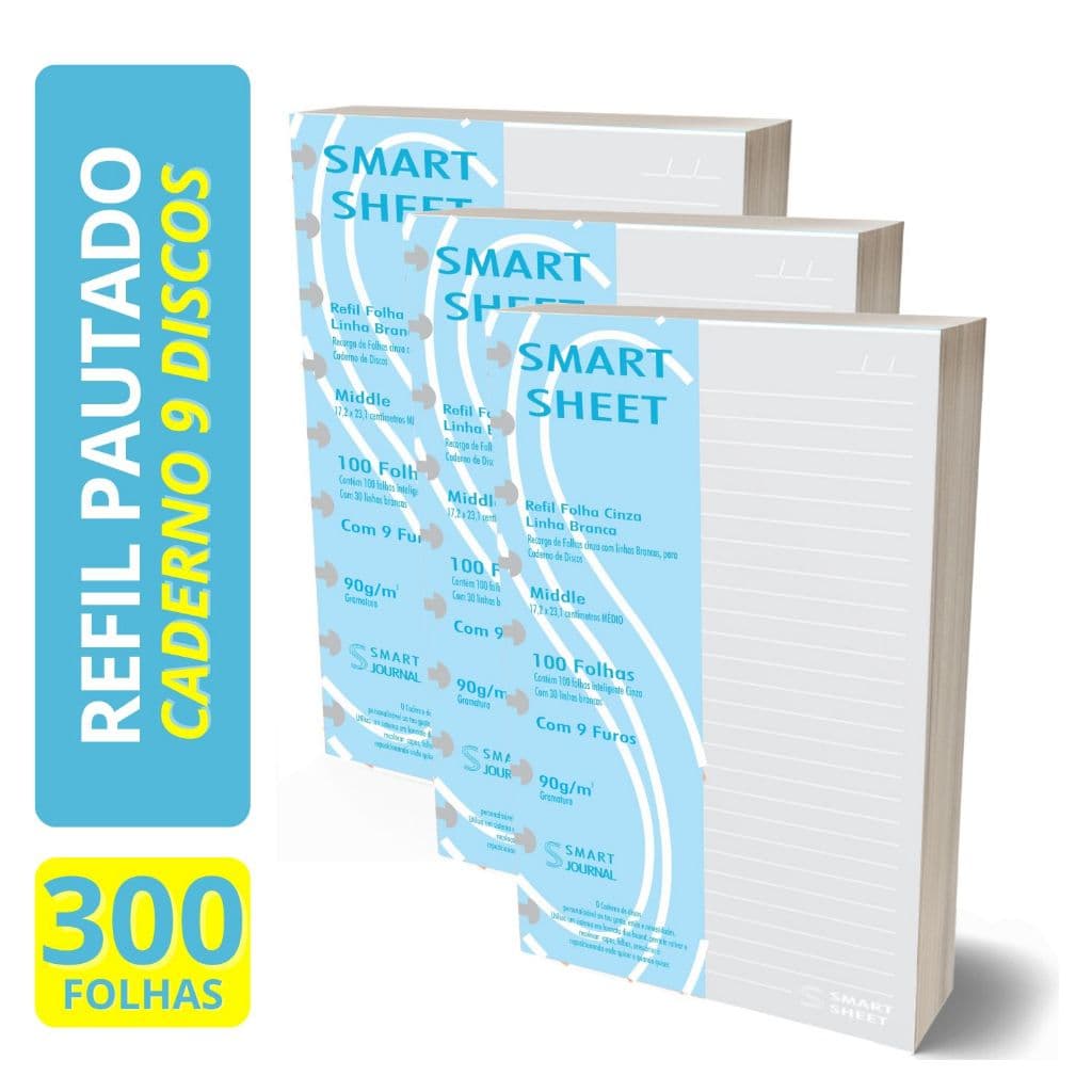 Kit 3 Refil Caderno de Discos 90g 100 Folha Pauta Branca Medio 9 Furos