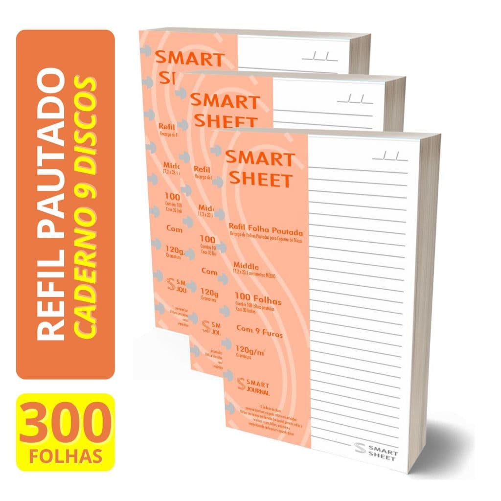 Kit 3 Refil Caderno de Discos 120g 100 Folha Pautado Medio 9 Furos
