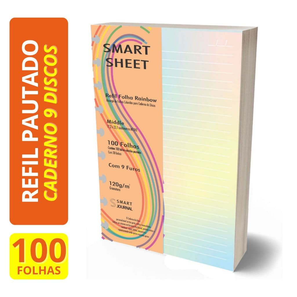 Refil Caderno de Discos 120g Rainbow 100 Folhas Medio 9 Furos