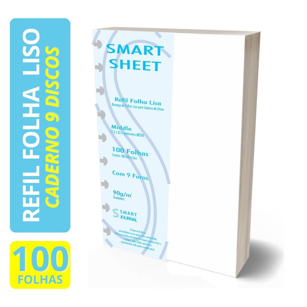 Refil Caderno de Discos 90g 100 Folhas Liso Medio 9 Discos Furos