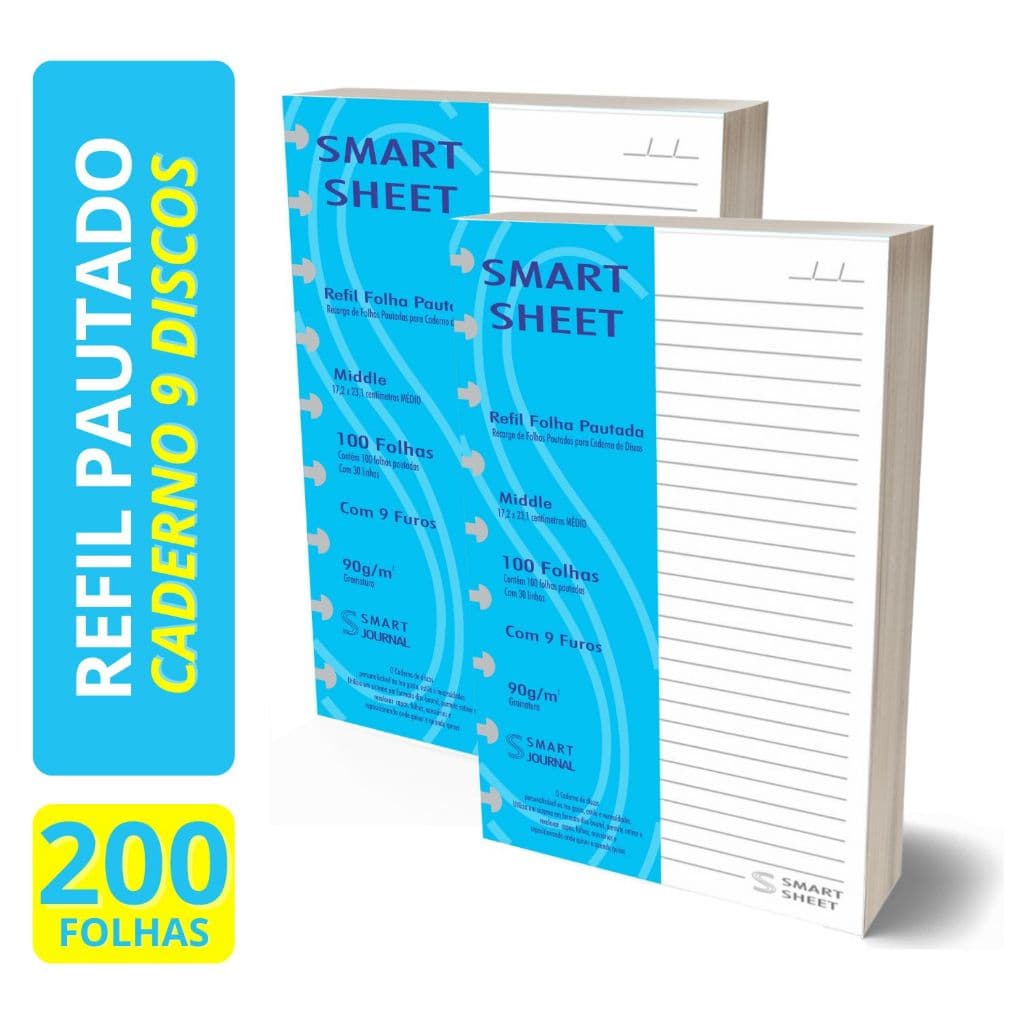 Kit 2 Refil Caderno de Discos 90g 200 Folha Pautado Medio 9 Furos Inteligente Escrita Confortavel
