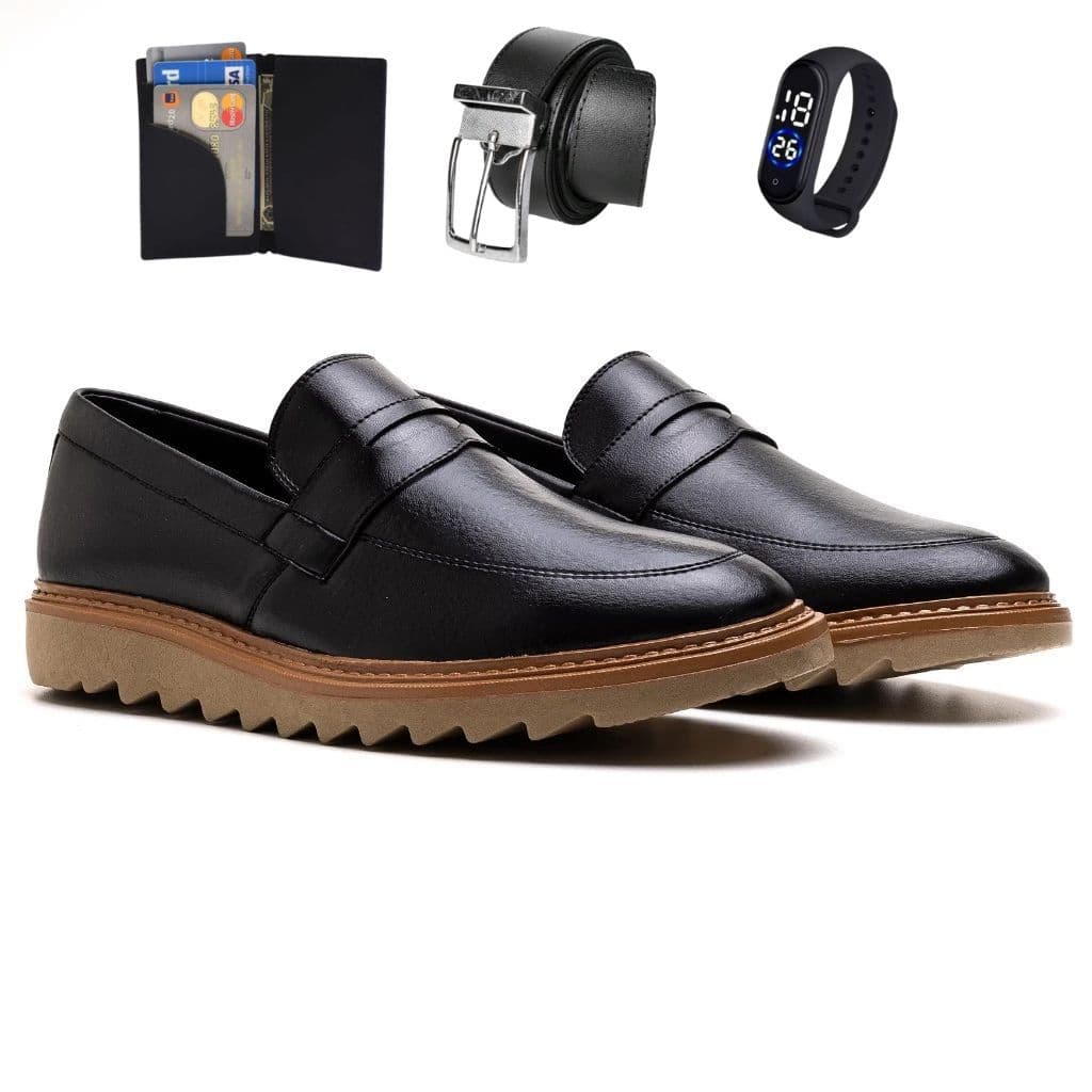 Kit Mocassim Masculino de Couro Super Macio e Confortável de Couro Premium Loafer Tratorado + Cinto Carteira e Relógio