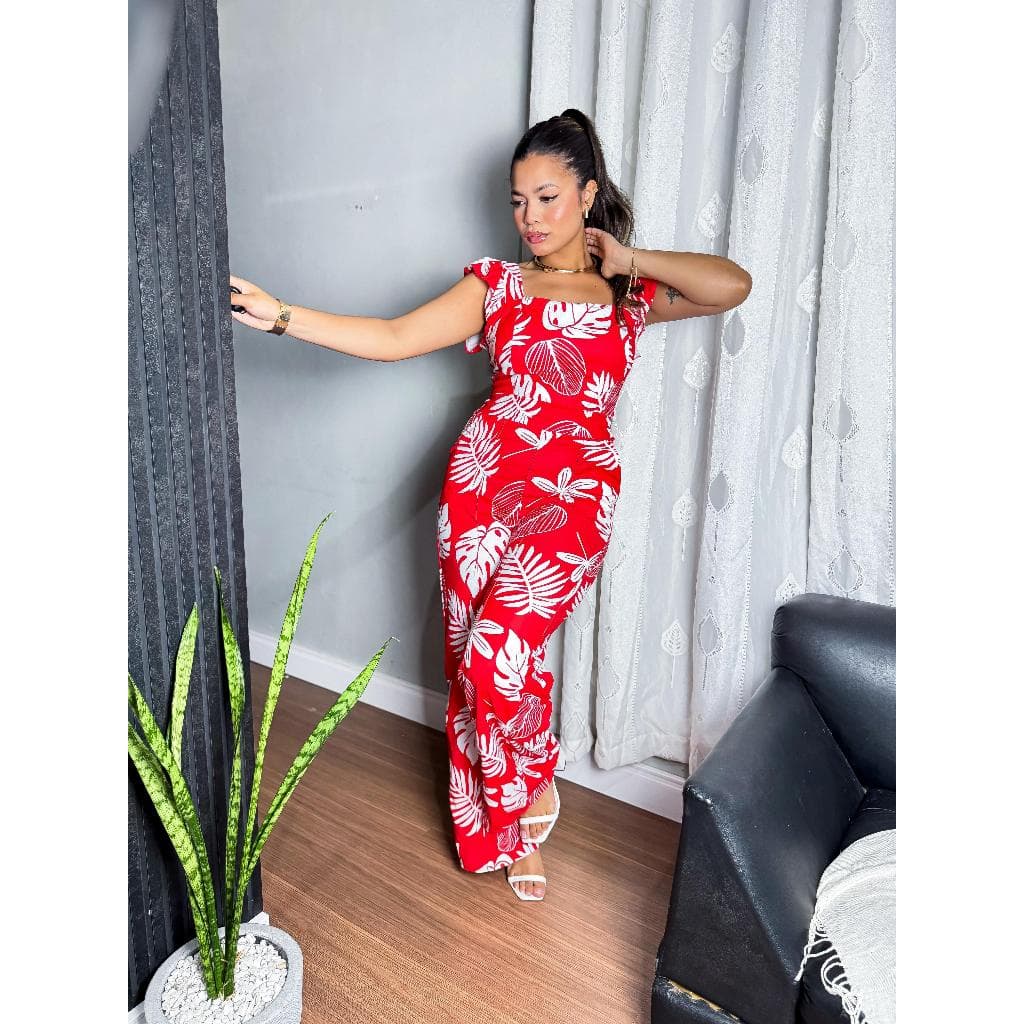 Macacão Feminino Longo com Babado na Alcinha Estilo Pantalona Estampa Tropical - Moda Casual