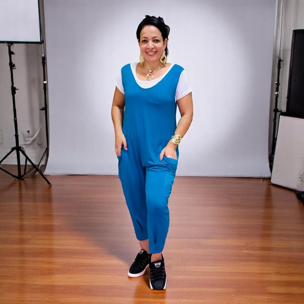 Macacão Saruel Plus Size Azul Petróleo Feminino | Bolsos Laterais Conforto Estilo Casual Moda Grande Dia a Dia