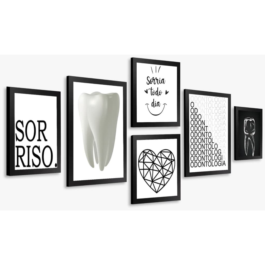 Kit Quadro Decorativo 6 Peça Parede Sala Dentista Odonto Dente Coração Frase Preto Branco Escritorio