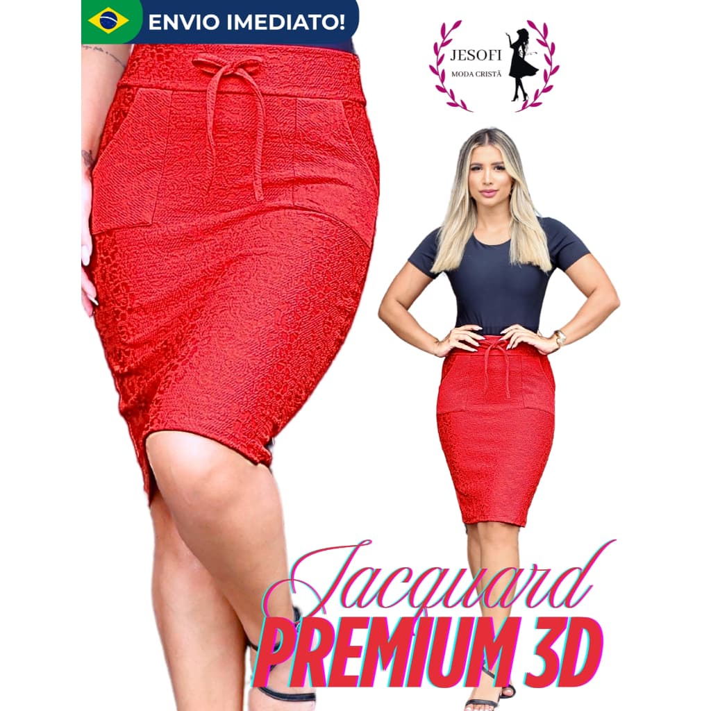 Saia Midi Lapis Social Secretaria com Bolso Feminina Moda Evangelica
