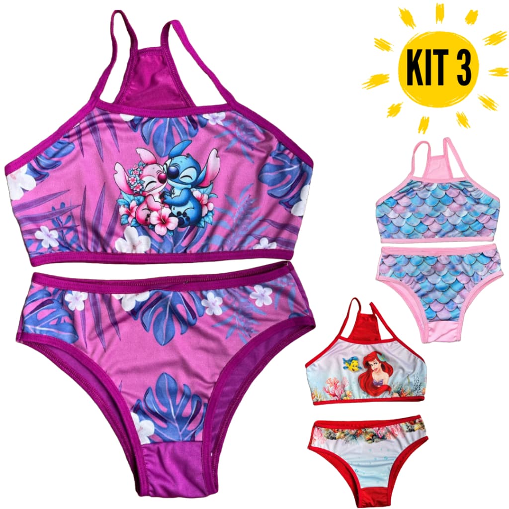 Kit  3 Conjuntos Menina Moça Estilo Nadador Infantil Sublimado Biquini Personagens presente praia