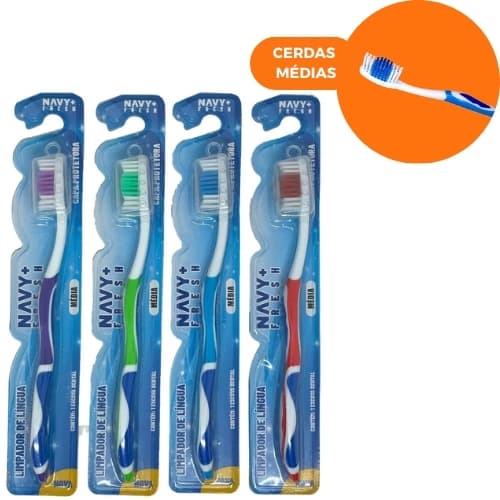 Escova Dental Média Kit 6 UND / 36 UND Escova de Dente Adulto com Limpador de Língua