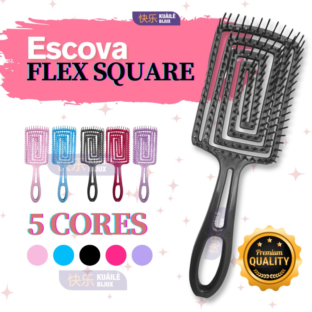 Escova Flex Square Vazada e Flexível com Cerdas Macias para Desembaraçar todos os tipos de cabelo