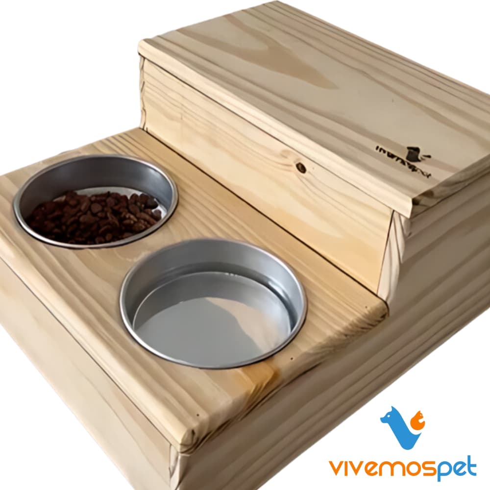 Comedouro P/ Gato e Cachorro Pet Elevado Duplo 2 Potes Madeira