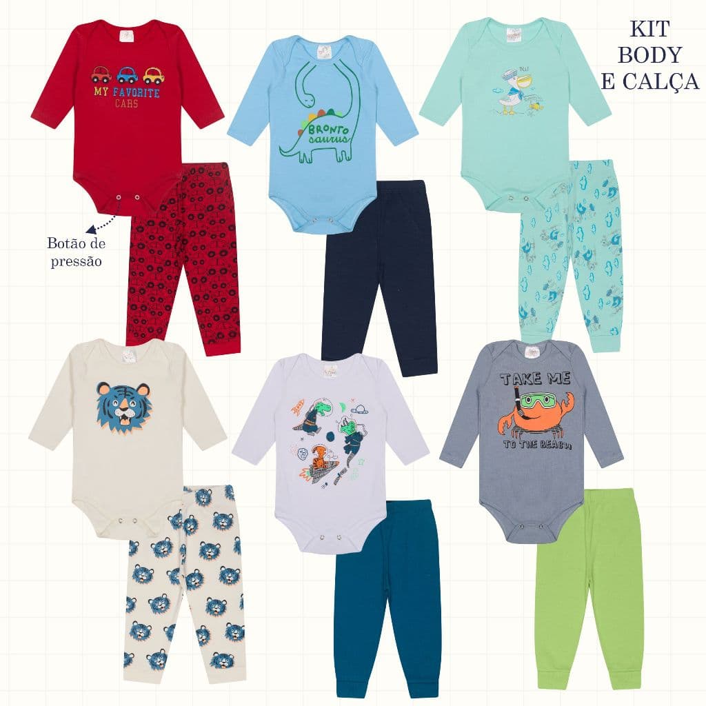 Kit 10 Peças de body manga longa para Bebê Menino Inverno 5 body +5 calças/mijão - roupa infantil Black Friday