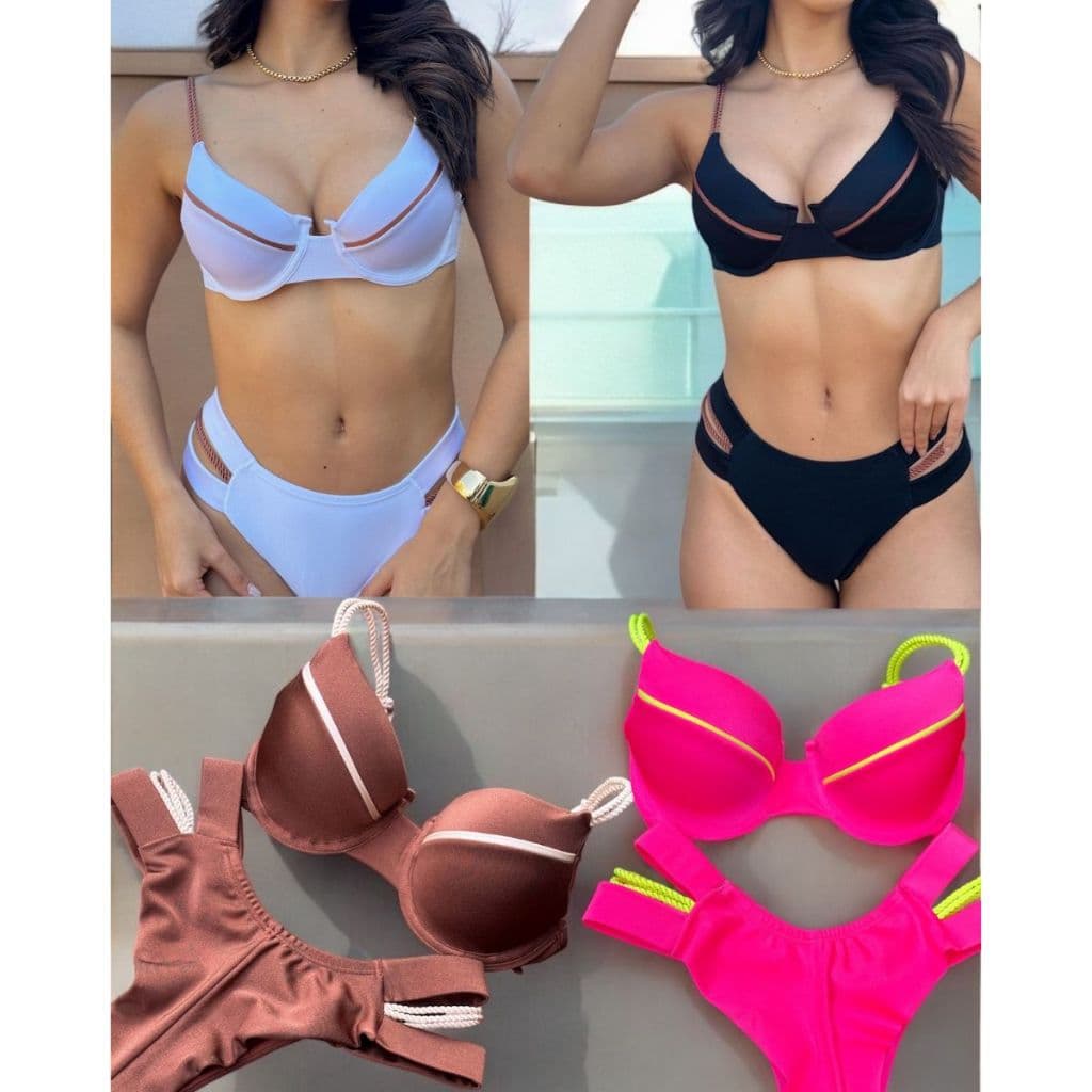 Biquíni Feminino Retro Meia Taça com Aro Calcinha Fio Duplo com Bojo Removível Praia Verão 2025